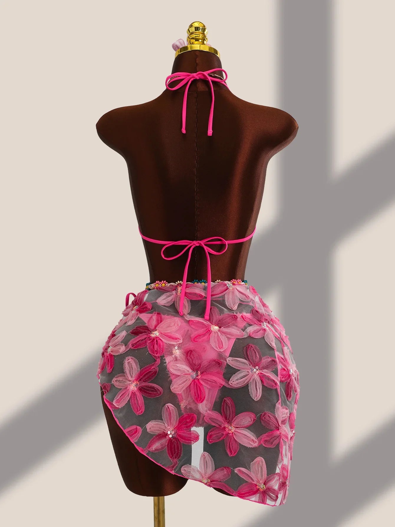 Sexy Pink Floral Embroidery Bikini Set 2026 Women Push Up Bra Triangle Swimsuit Holiday Bathing Suit Cover Up 3 Piece Swimwear