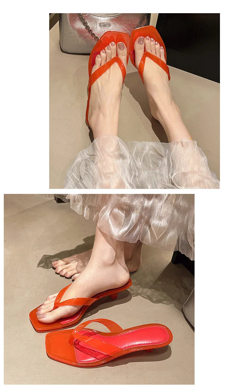 2026 Summer Jelly Shoes Women Fashion Sandals Low Heel Square Toe Girls Street Flip Flops Transparent Color Female Slippers