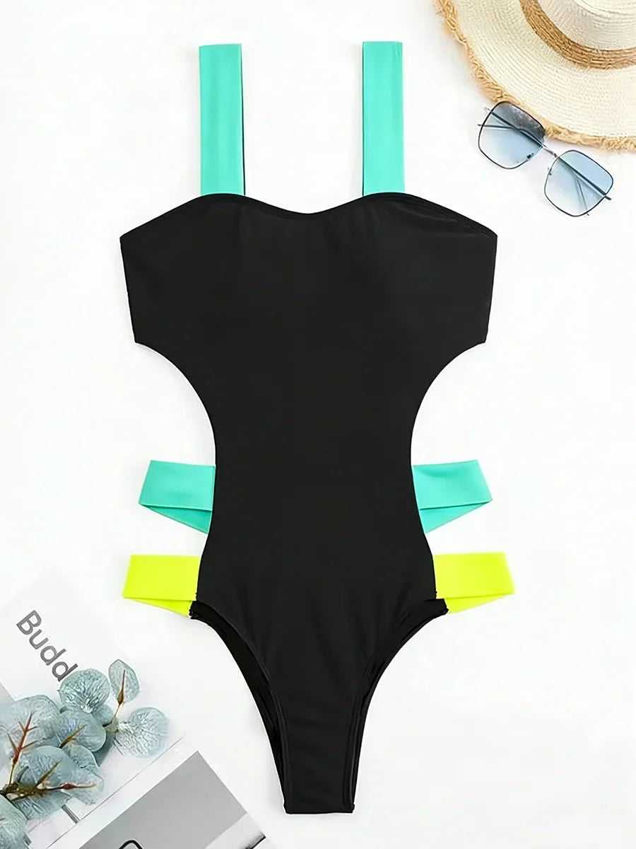 Splicing Black Contrast Women Swimwear One Piece Swimsuit Female Monokini High Cut Bather Backless Bathing Suit Swim Beachwear