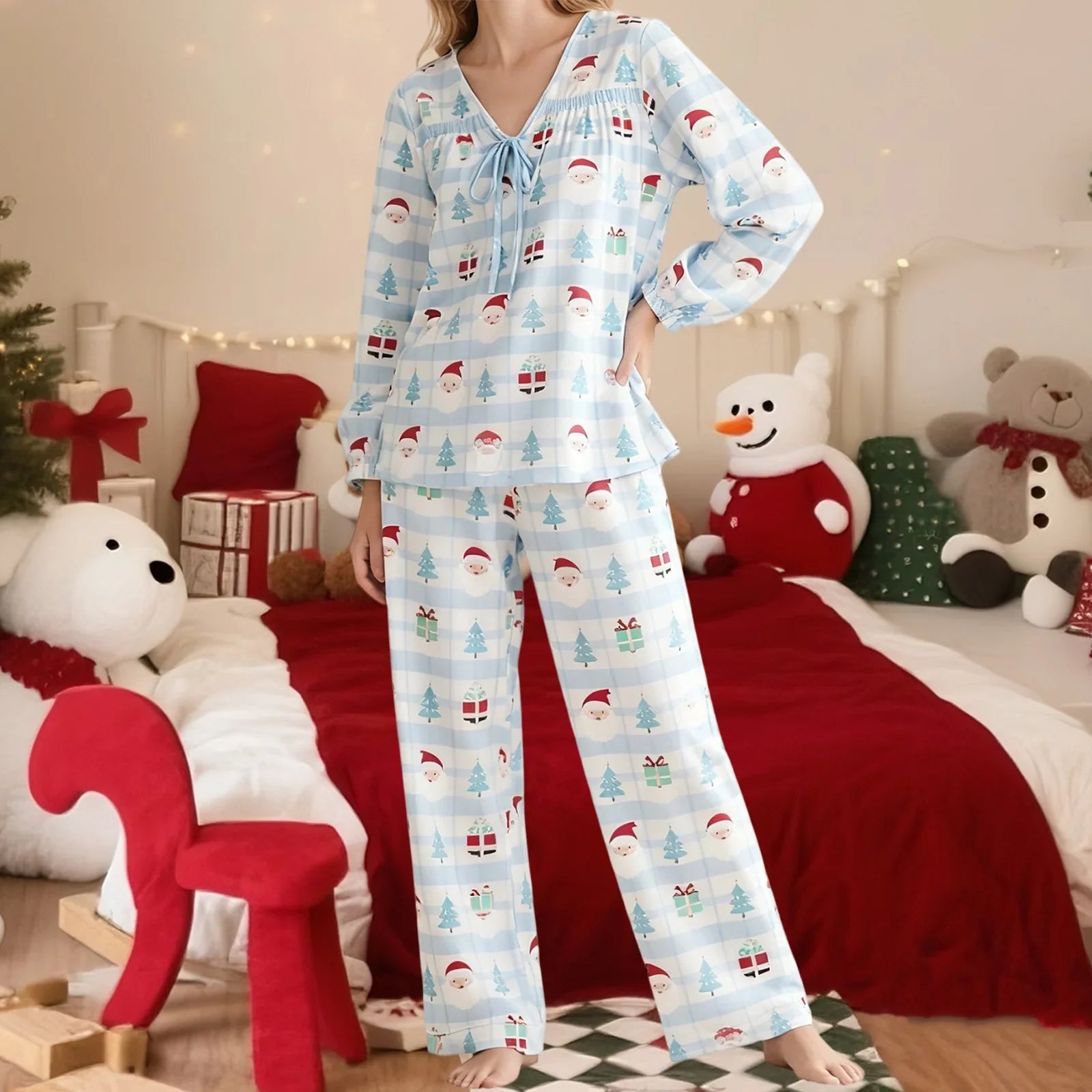 Women Christmas Pajamas Long Sleeve Tie-up V Neck Tops and Pants Loose Fall Winter Two Piece Loungewear