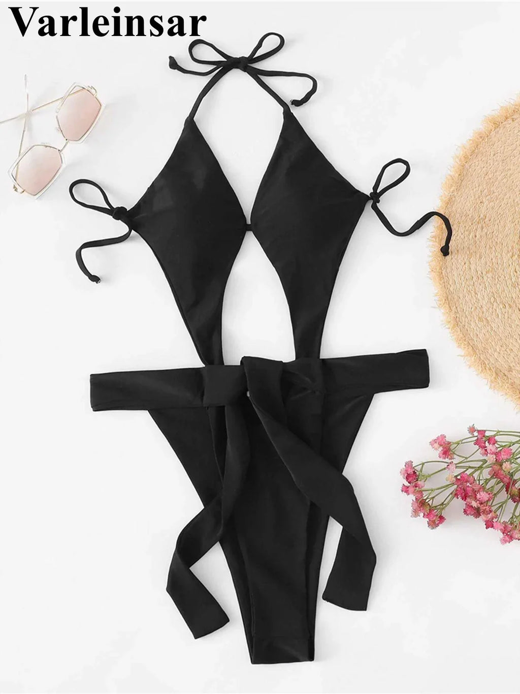 Sexy Cut Out Halter Trikini High Leg Cut One Piece Swimsuit Women Swimwear Female Monokini Padded Bather Bathing Suit Swim V7968