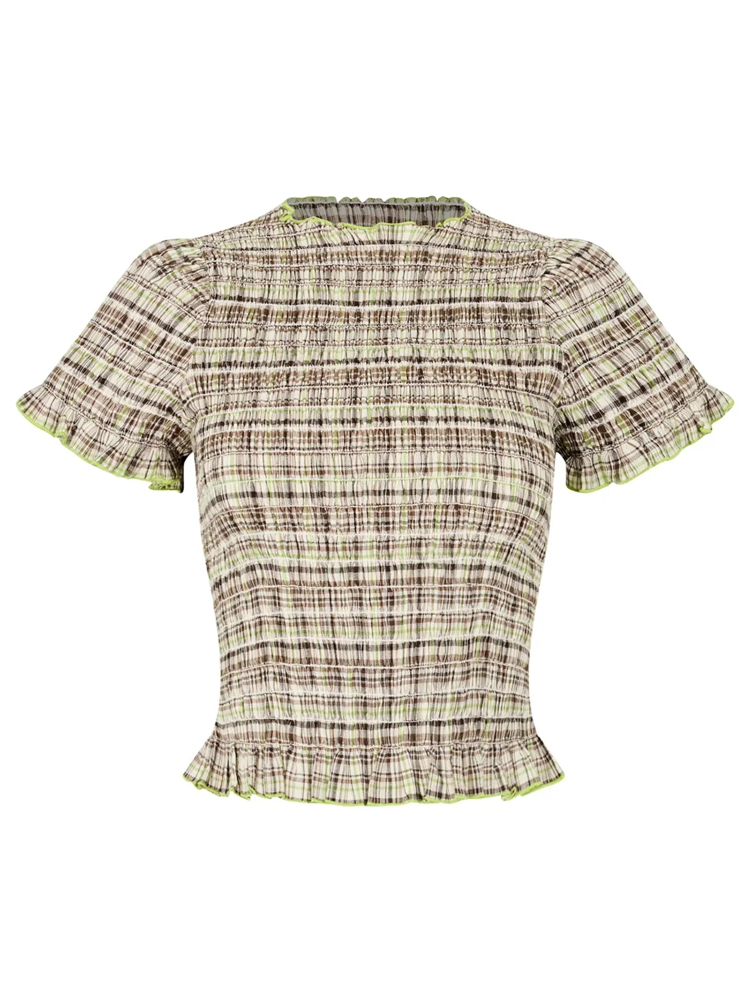 Women Casual Summer Plaid Print Shirred Tops Slim Mock Neck Short Sleeve Crop Ruffle T-shirts Streetwear