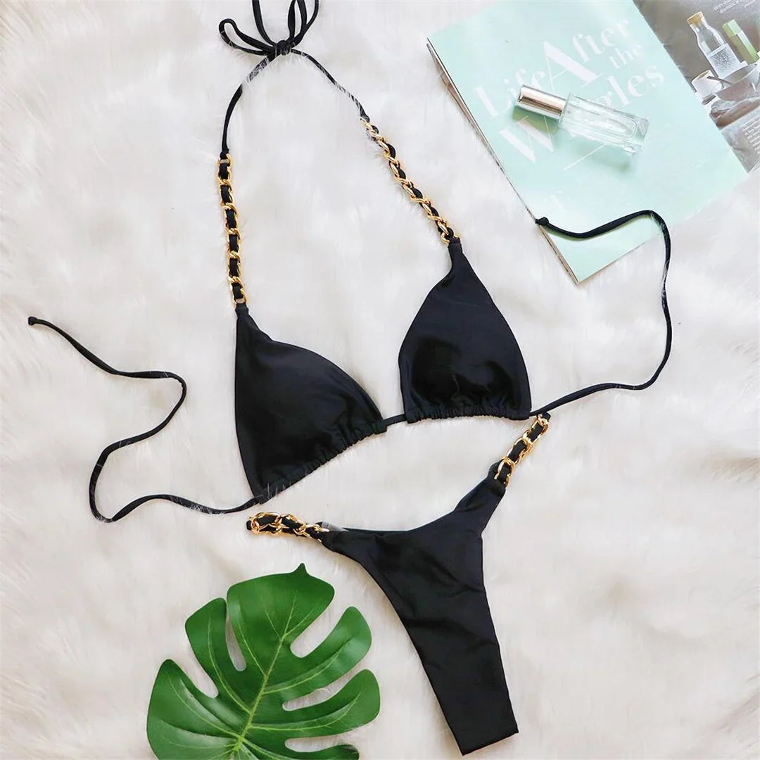 Metal Ring Halter Scrunch Butt Thong Bikini Women Swimwear Female Swimsuit Two-Pieces Bikini Set Bather Bathing Suit Swim V4391