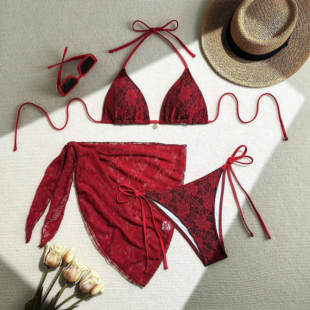 Mesh Sarong Lace Halter High Cut Bikini Female Swimsuit Women Swimwear Three-Pieces Bikini Set Bather Bathing Suit Swim V6284