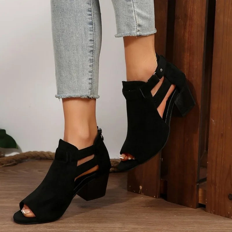2026 Women Sandals  Chunky High Heels Soild Gladiator Open Peep Toe Women Black Shoes Buckle Back Zipper Sandalias De Mujer
