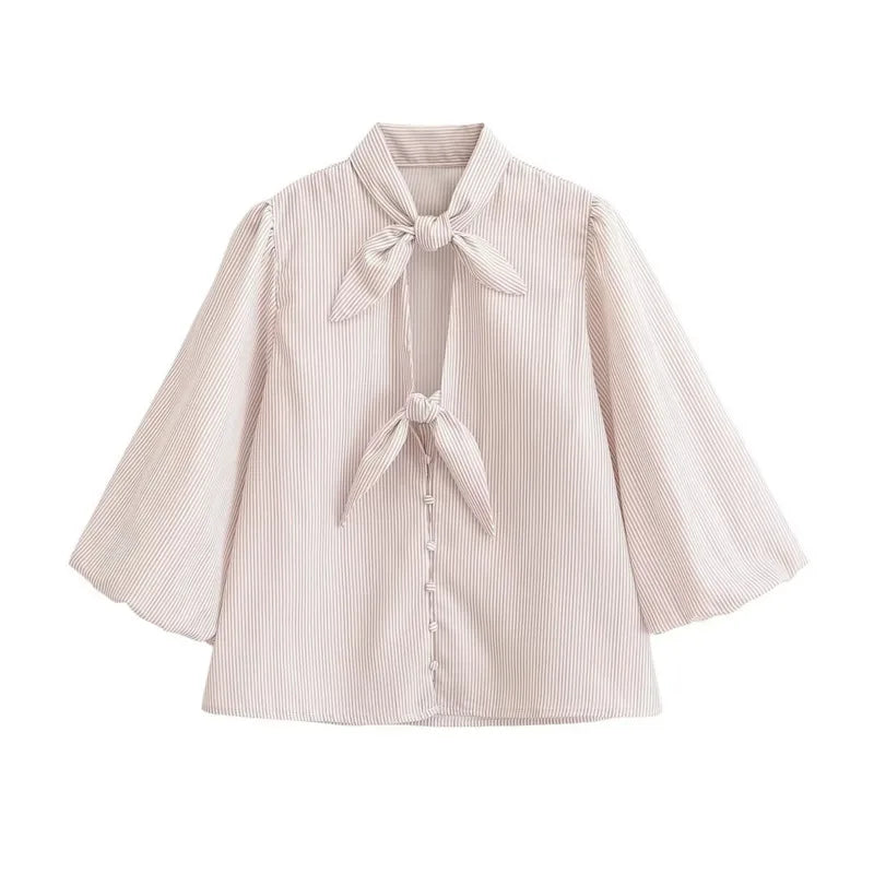 Women's Fashion Casual Bow Striped Shirt Striped Double Bow Tie Neck Button Down Blouse Sleeve Casual Shirt For Daily Wear WON6