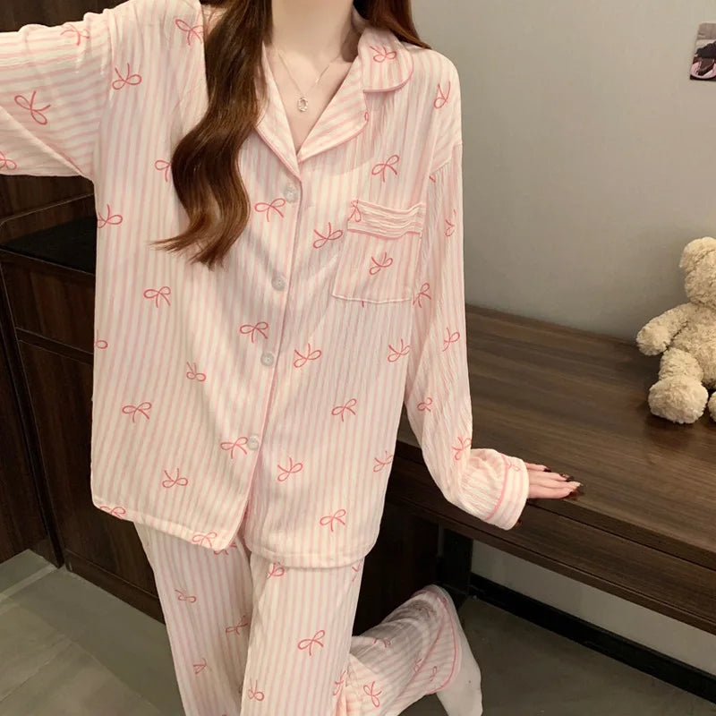 Spring Autumn New Women's Pajamas Long Sleeved Long Pants Sweet Printed 2-piece Set Casual Home Cardigan Nightgown