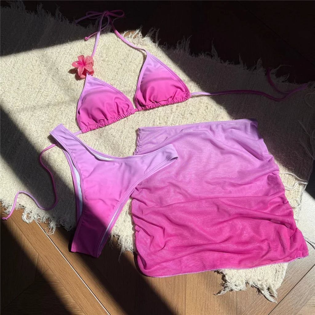 With Skirt Gradient Halter Bikini Female Swimsuit Women Swimwear Three-Pieces Bikini Set Padded Bather Bathing Suit Swim V7044