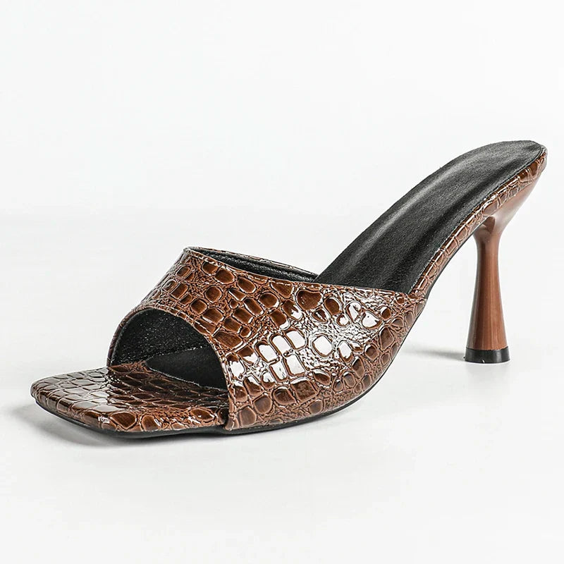 Crocodile Texture High Heel Sandals Women Fashion Square Toe Stilettos Heels Sandals Woman Plus Size Slip On Banquet Party Shoes