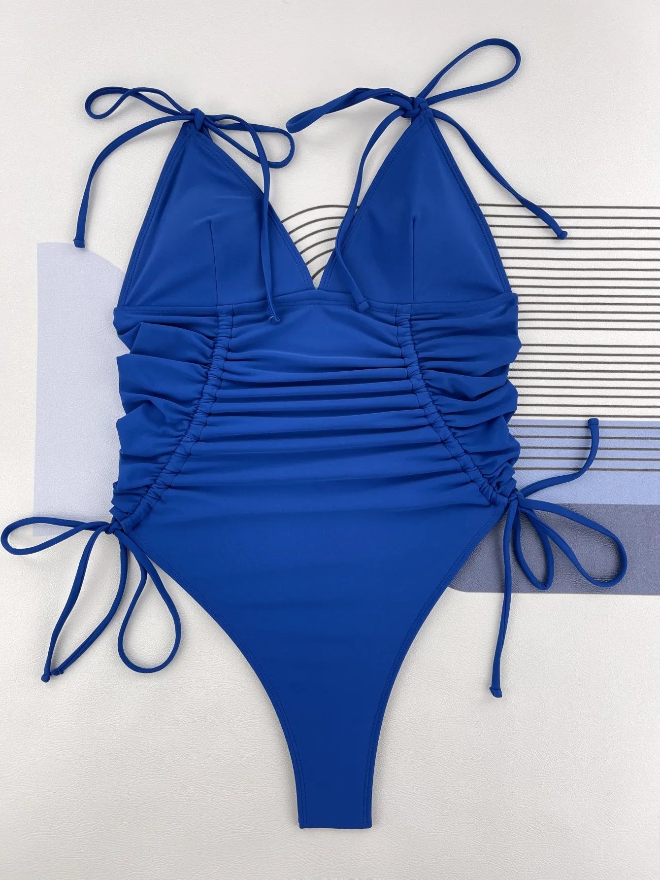 Sexy Pleate Push Up One Piece Swimsuit 2025 Women Solid Blue Slim Tummy Control Swimwear Tie Side Lace Up Bathing Suit Monokini
