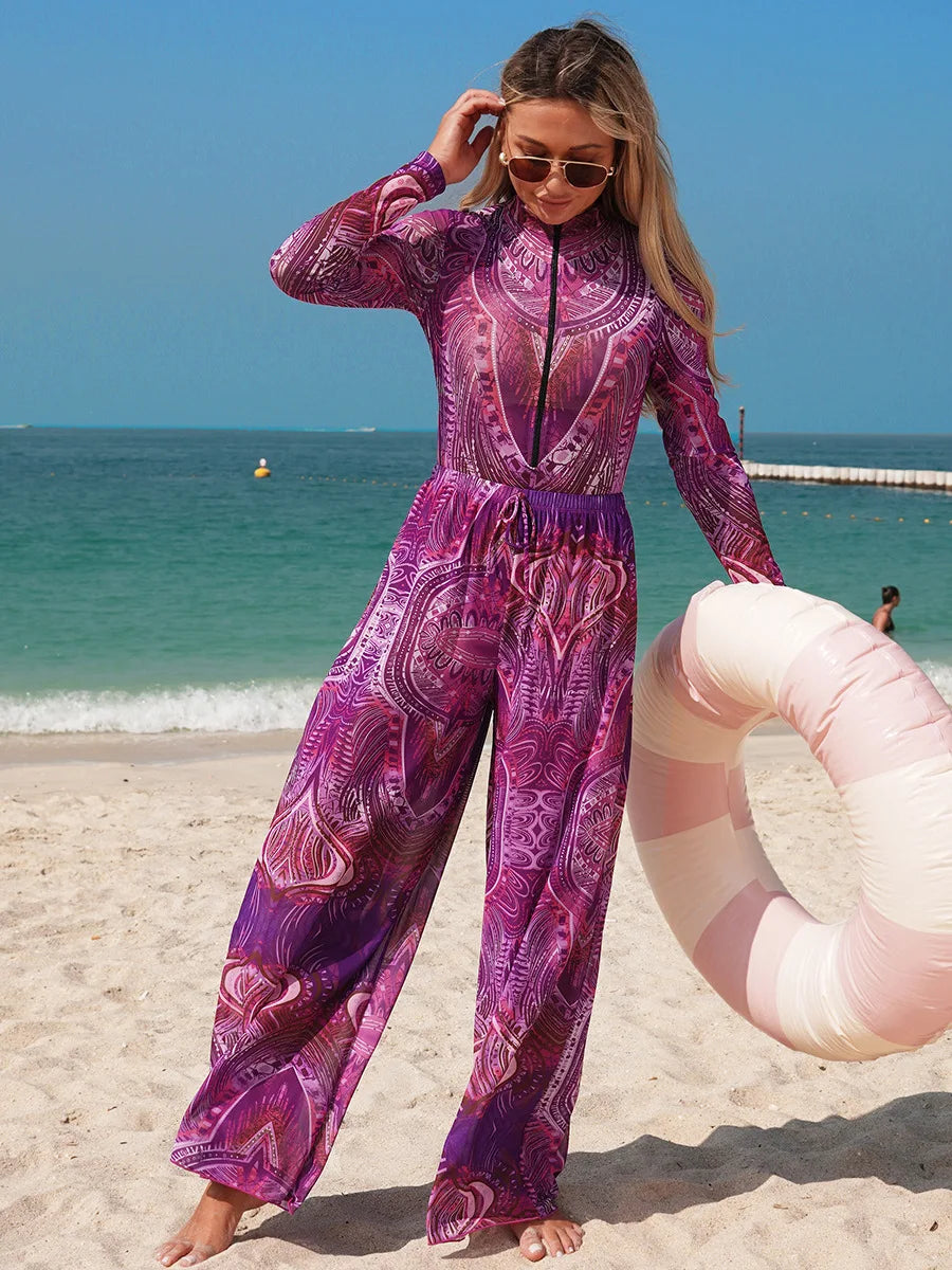 2026 New Long Sleeve Sheer Sun Protection One-Piece Set Swimsuit Women Sexy Rash Guard Swimwear Bodysuit Beachwear With Cover up