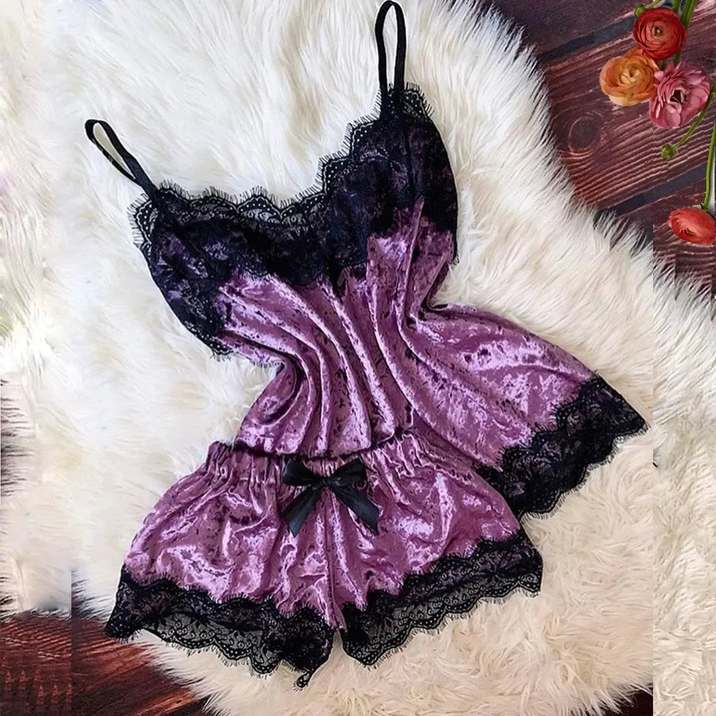 Summer Velvet Pyjamas Set for Women Sleepwear Sleeveless Straps Nightwear Lace Trim Cami Top and Shorts Sets Sexy Lingerie