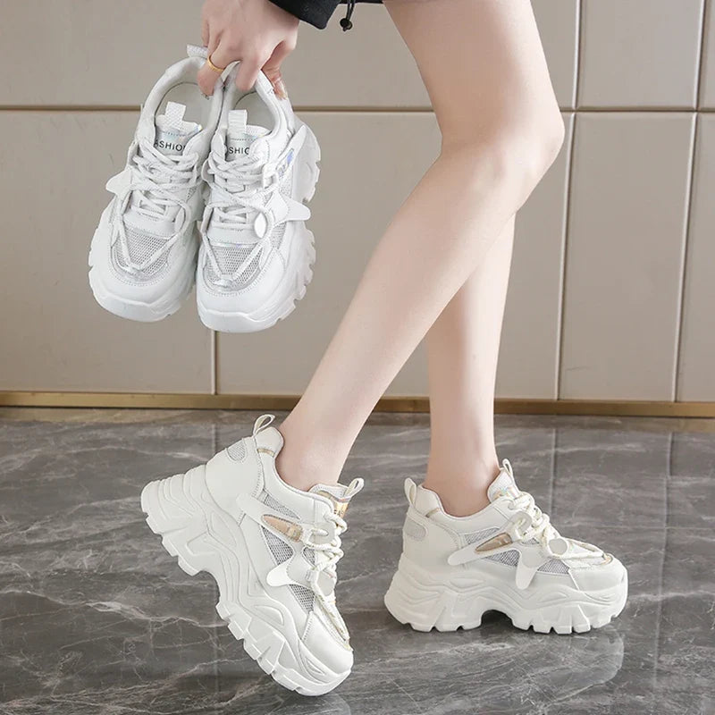 Breathable Chunky White Sneakers for Women Fashion Laser Thick Bottom Vulcanize Shoes Woman 2025 Lace Up Platform Running Shoes