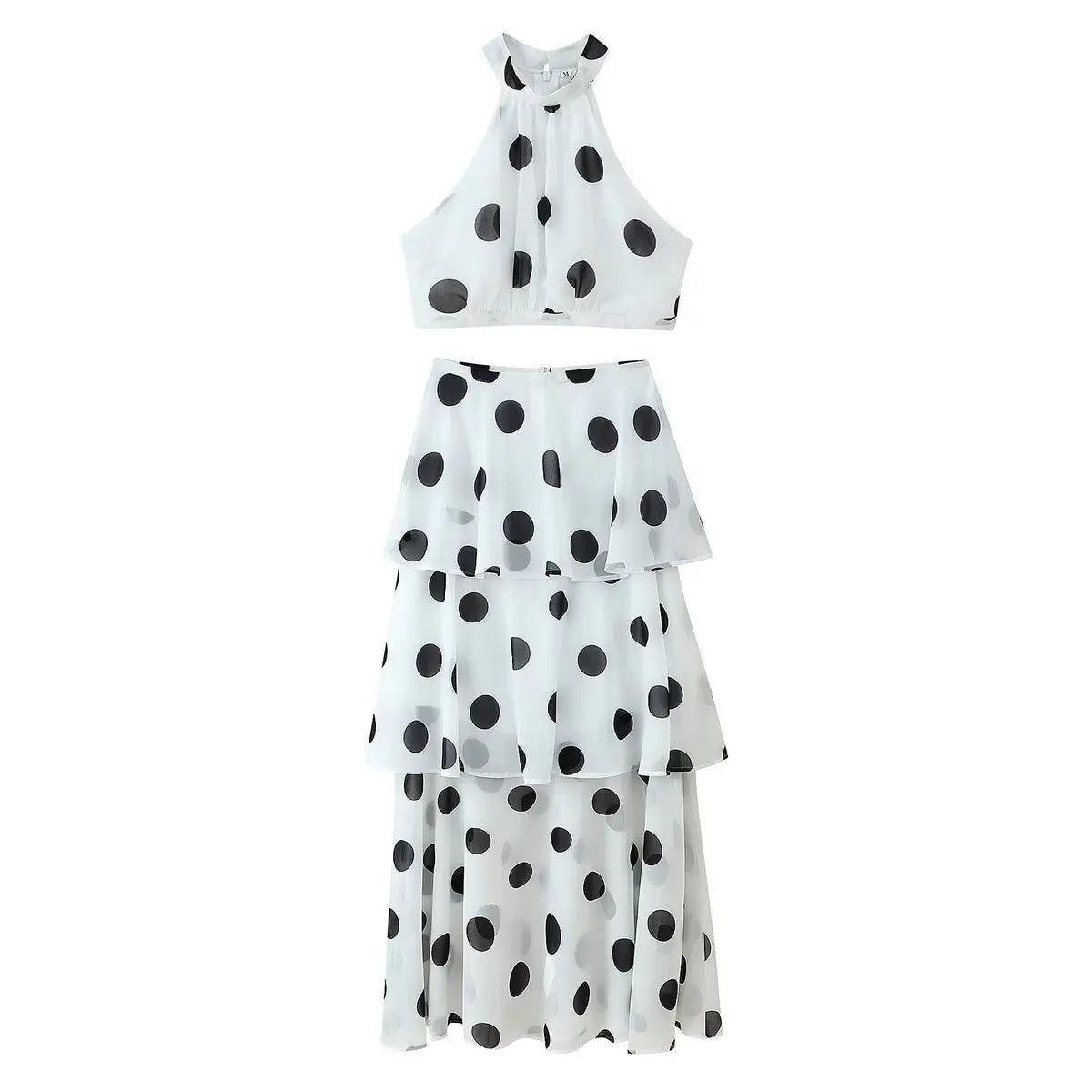 White Polka Dot Two Piece Set For Women Halter Crop Top And Tiered Maxi Skirt Elegant Summer Party Outfit Pure Desire Charm FSW7