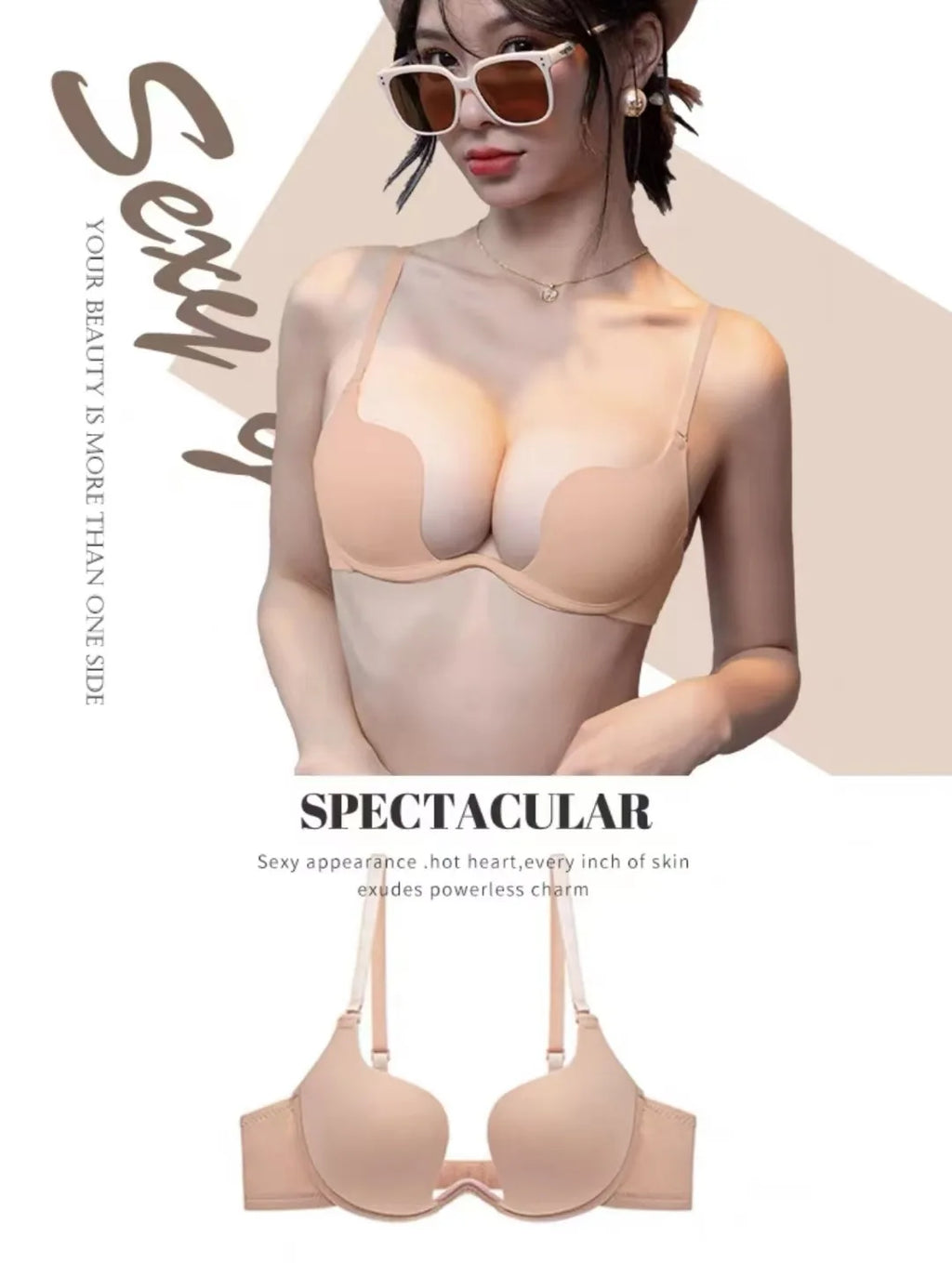 U-Back Push-Up Bra - Backless Deep U Bralette, Non-Slip Thickened Straps Smooth Invisible Design, Large Bust Support for Dresses