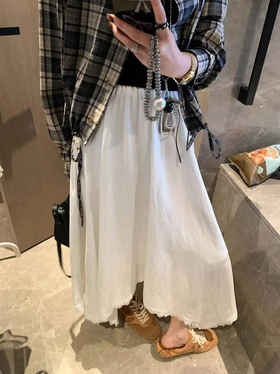 Spliced Lace Elastic High-waisted Slimming Skirt White Lace Trim Skirt Elastic Waist Casual Summer Style Skirt For Women 6S7Q
