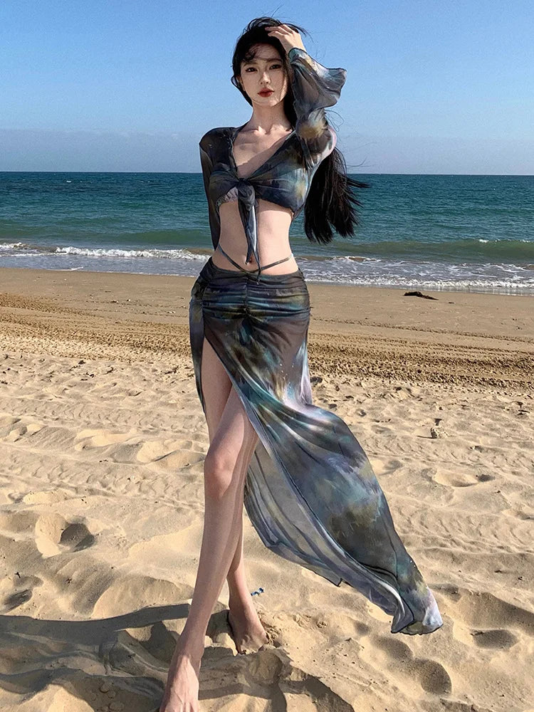 Korean Swimsuit 2025 Women Sexy Black Tie Dye Long Sleeve Cover Up  Long Skirt 4 Piece Bikini Set Bathing Suit Vacation Swimwear