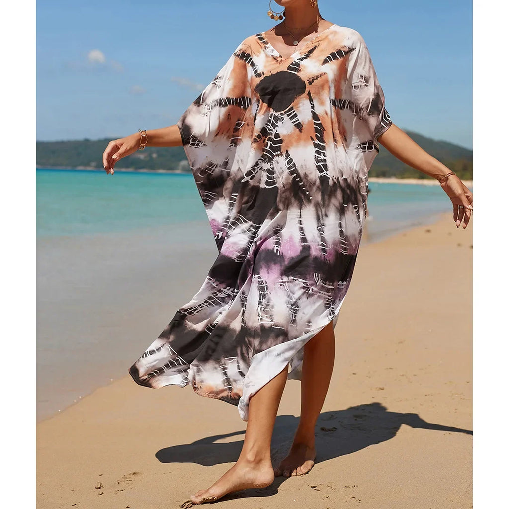 2026 New Colorful Kaftan Tunic Beach Dress Beach Wear Beachwear Beach Cover Up Cover-upsLoose Maxi Dress Female Women V4428