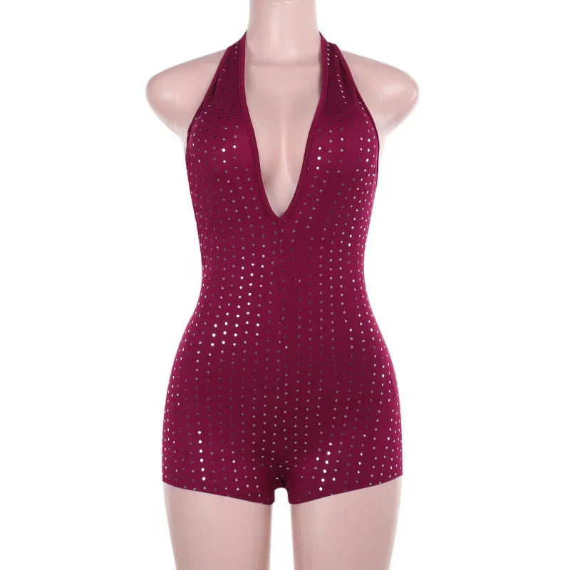 Sexy Halter Backless Rompers Short Jumpsuit Wine Red Black Deep V-neck Backless Lace-up Rhinestones Playsuit Female Bodysuit