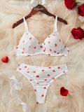 White Heart Print Lace Trim Underwear Set Women's Lingerie Bra And Panty Set For Valentine's Day