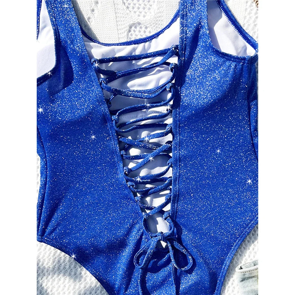Sexy Glitter Sparkling Lace Up Backless One Piece Swimsuit Women Swimwear Female High Cut Bather Bathing Suit Swim Lady V4333