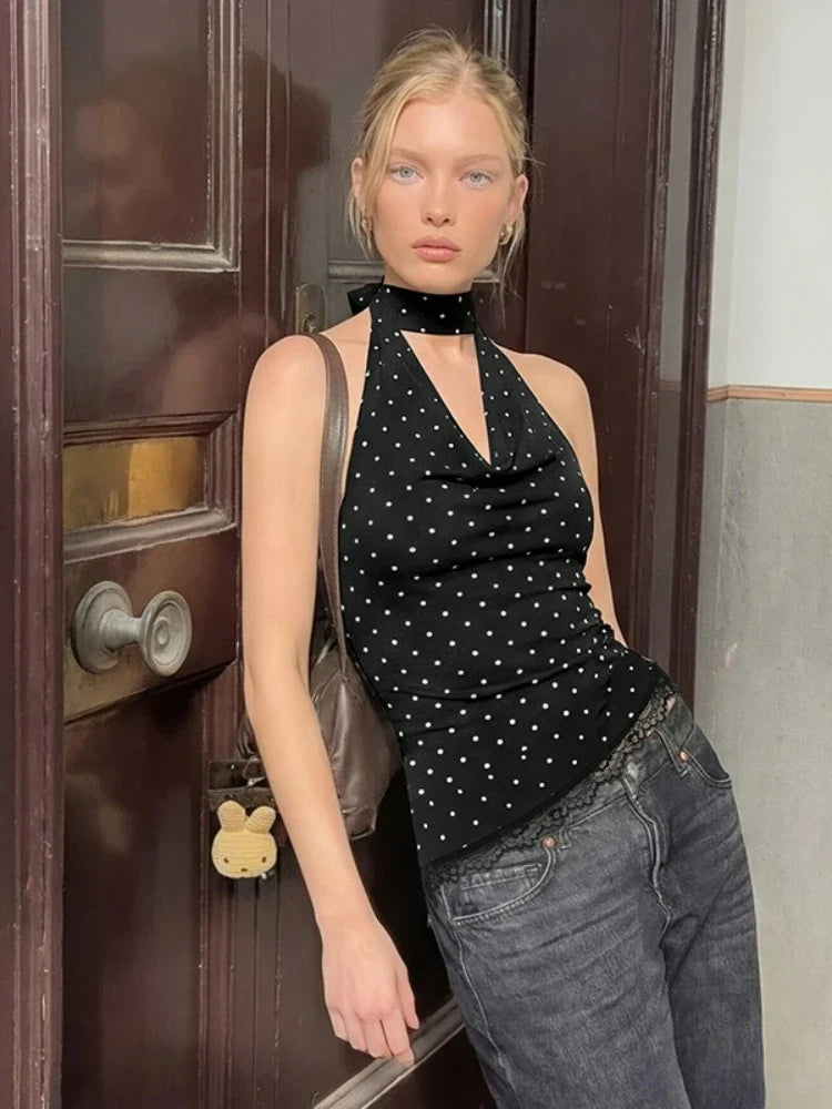 FDYOUI Women's Chic Polka Dot Tanks Top 2026 Summer Off Shoulder Lace Patchwork Corset Bandage Backless Crop Tops Streetwear