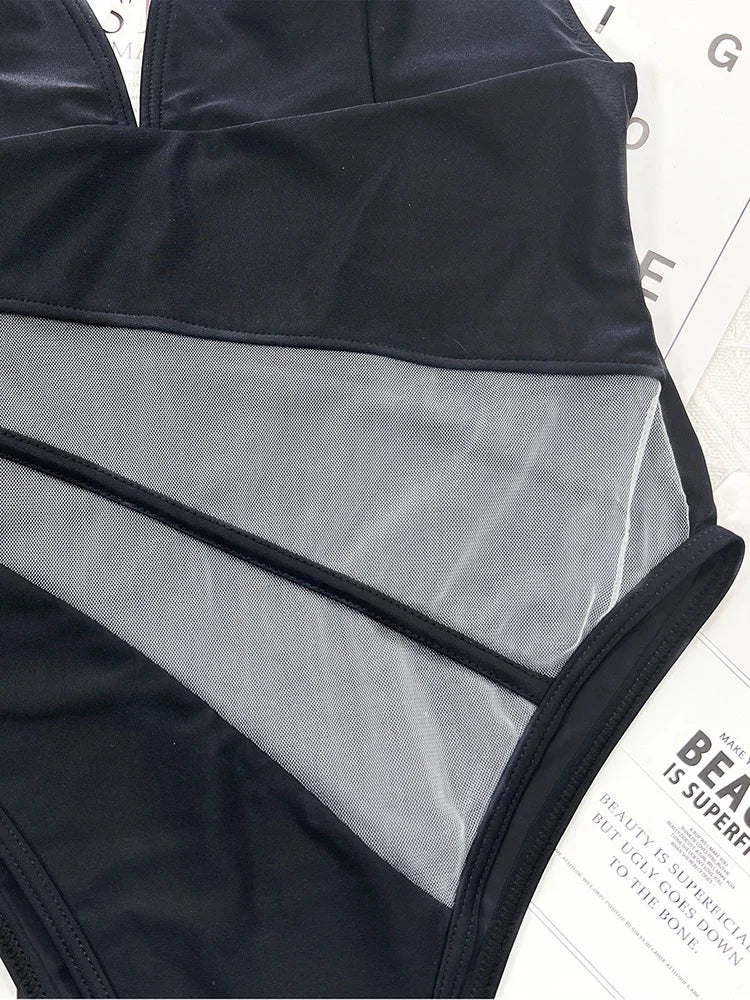 2025 Sexy Splicing Mesh See Through Female Swimwear One Piece Swimsuit Women High Cut Monokini Bathing Suit Swim Beach Wear
