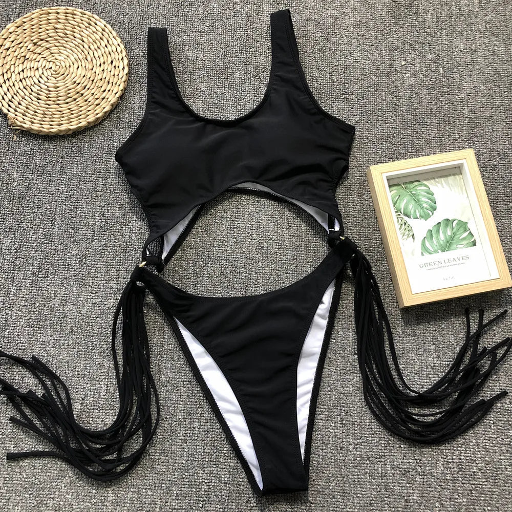 DEKA Long Tassel One Piece Swimwear Hollow Out Women Backless Swimming Suit Cut Out Halter Cross Swimsuit Female Beachwe Bathing