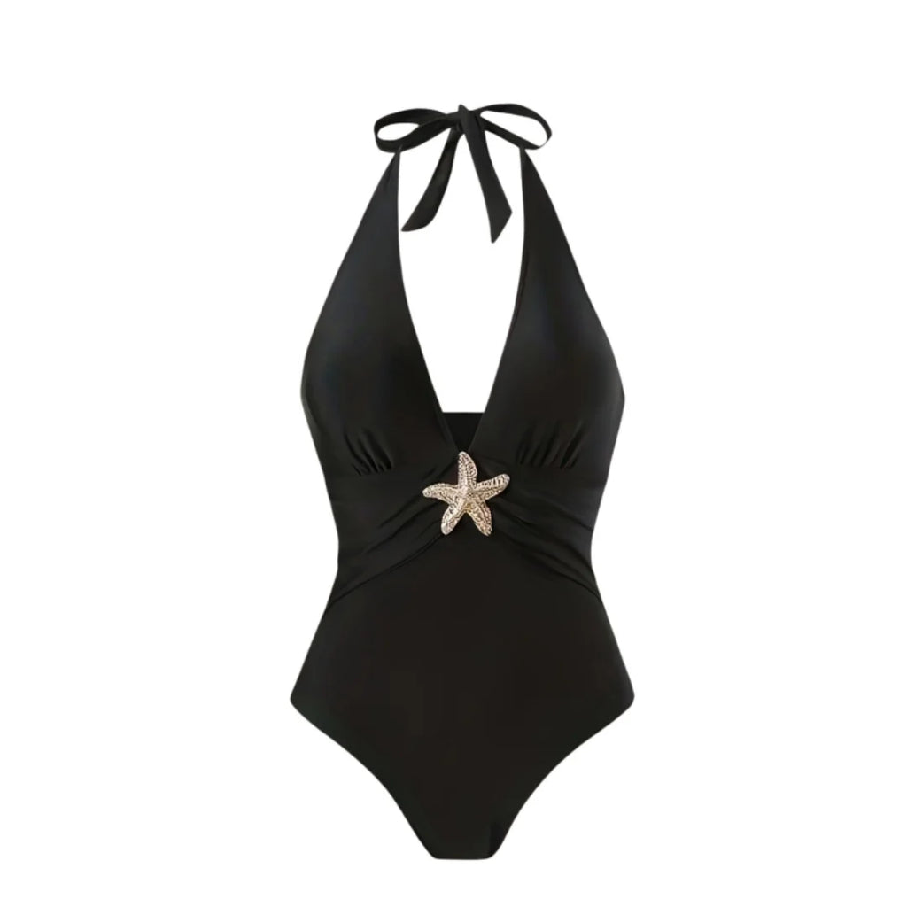 S - XL New With Skirt Deep V Neck Halter One Piece Swimsuit Women Swimwear Female Starfish Padded Bather Bathing Suit Swim V7977