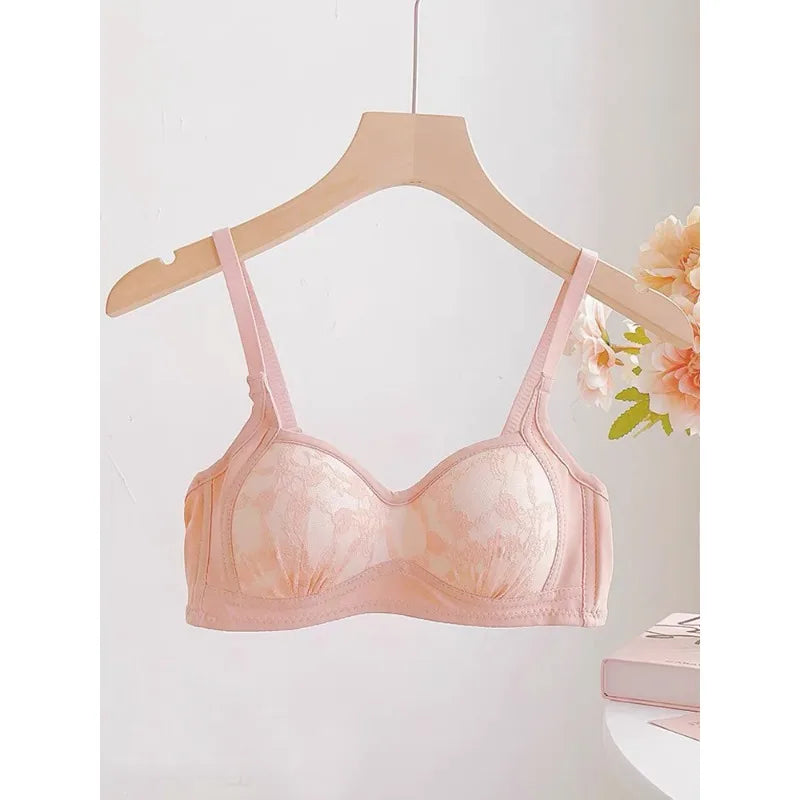 Summer Lace Half Cup Bra Small Bust Beachwear Gathering Light Support Pure Bralette Ultra Thin Wirefree Set AU MOYISU S-XL-32-38
