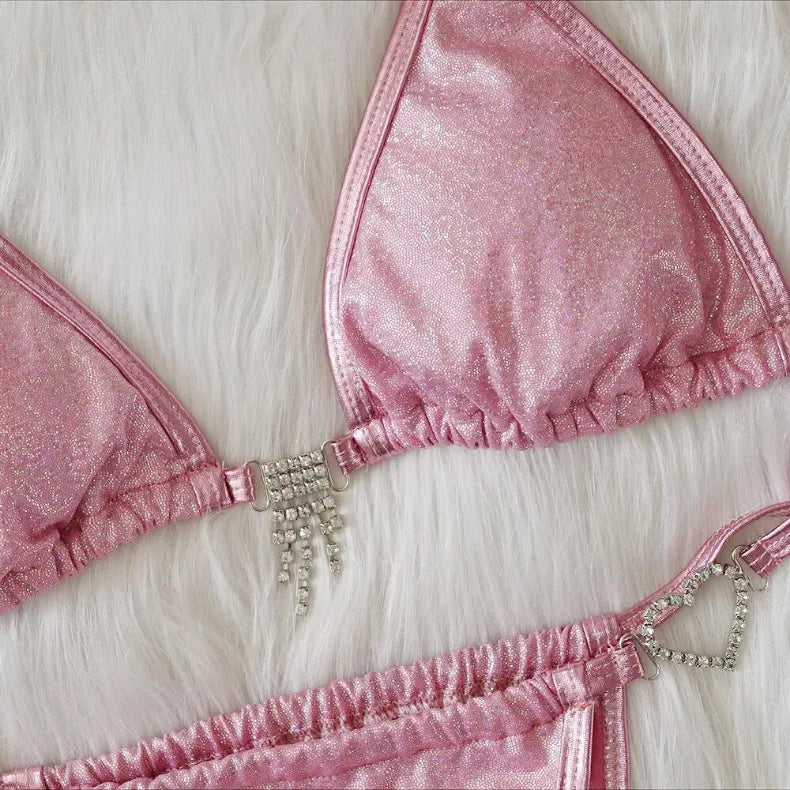 Bikini 2026 Sexy Heart-shaped Rhinestone Tassel Shining Fabric Solid Swimwear Swimsuit Women Bikini Set Bathing Suit Bikini Luxe