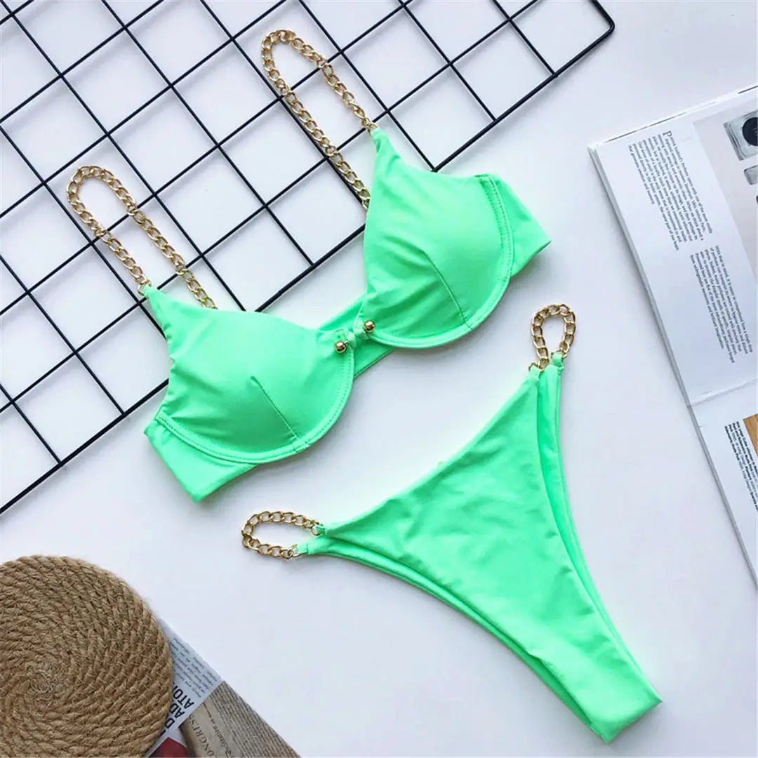 Sexy High Cut Golden Chain Bikini Women Swimwear Female Swimsuit Two-Pieces Bikini Set Underwired Bather Bathing Suit Swim V1646