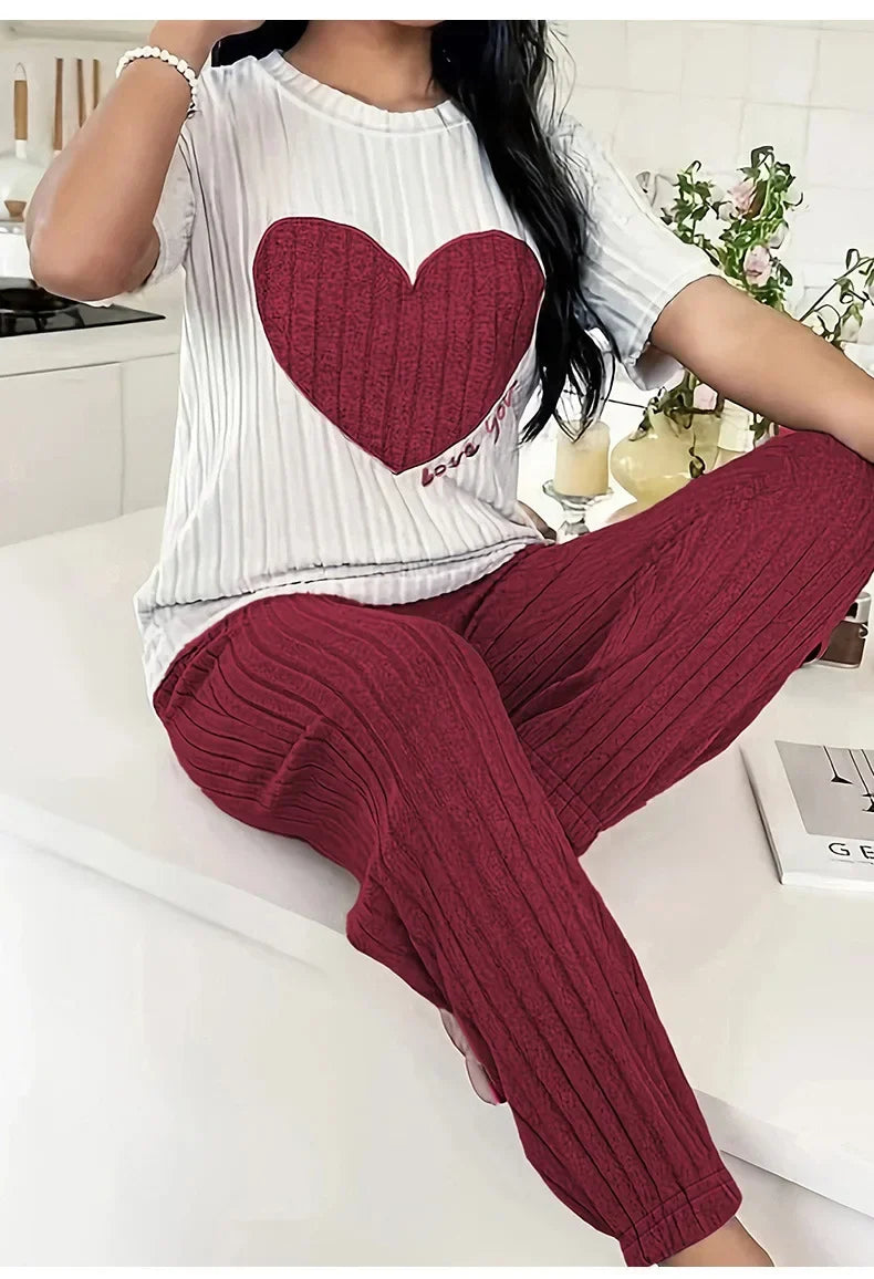 Autumn Winter Round Neck Short Sleeve Long Pants with Ribbed Stripes and Letter Heart Print Women's Pajamas Home Wear