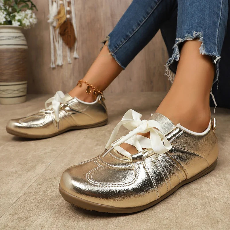 Sweet Ribbon Bowknot Ballet Flats for Women Plus Size 43 Gold Silver Platform Sneakers Woman Comfortable Soft Bottom Flat Shoes
