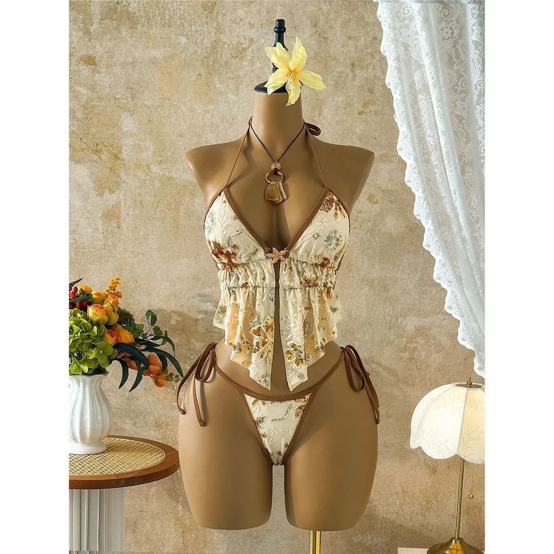 Glitter Sequin Printed Tankini Halter Bikini Women Swimwear Female Swimsuit Bather Bathing Suit Swim Two-pieces Bikini set K8067