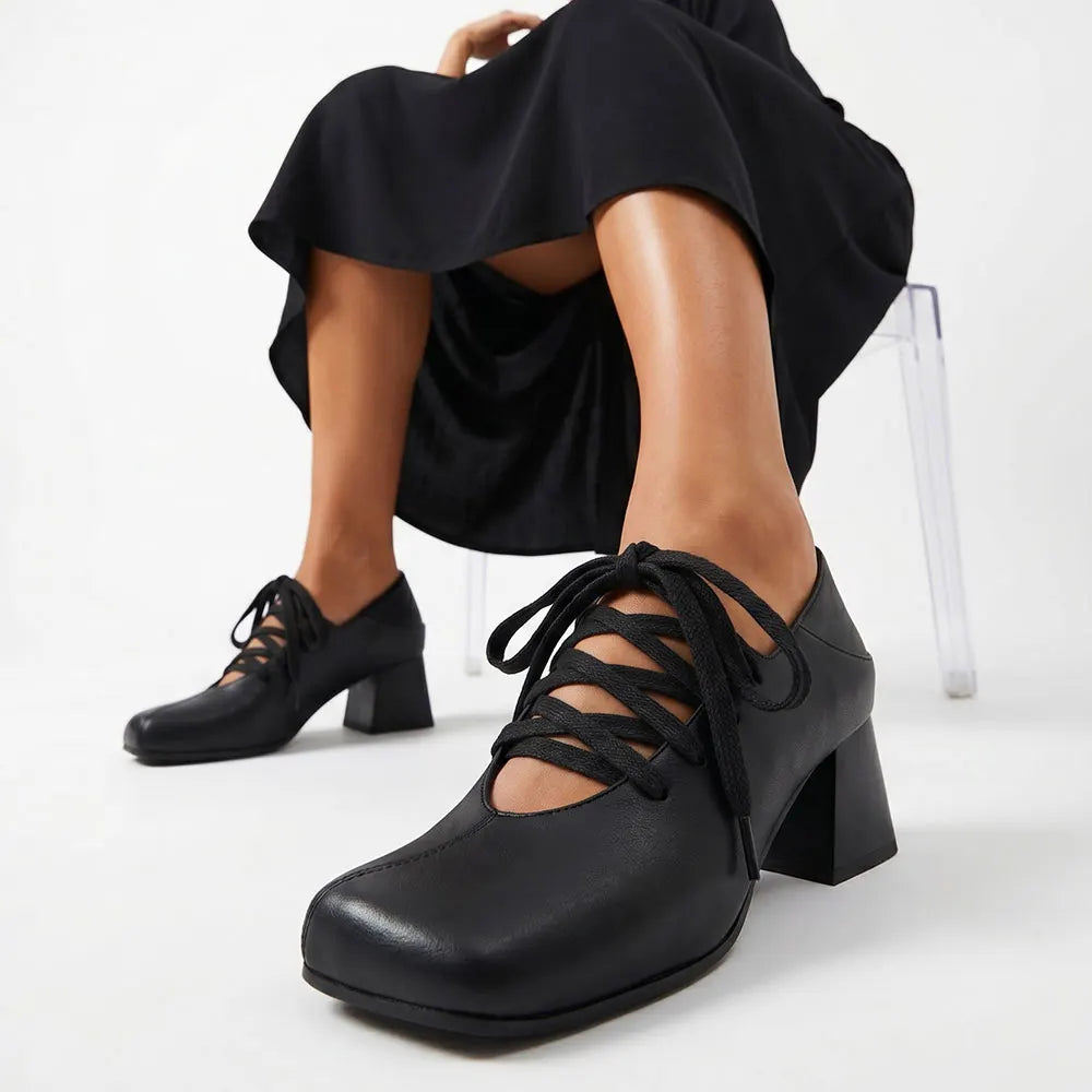 Plus Size 52 Retro Lace Up Ankle Wrap Mary Jane Heels Women Shoes Square Toe Faux Leather Chunky Block Mid Heel Vintage Pumps
