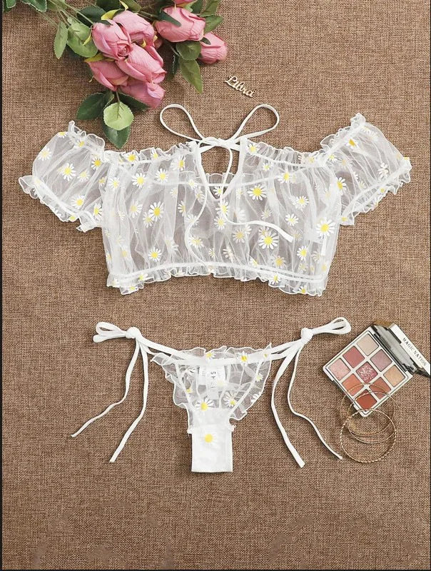 Toucheart Sexy Underwear Lace Lingerie Set For Women Off-Shoulder Small Chest Bralette+Thong Beachwear Transparent Bra Set New