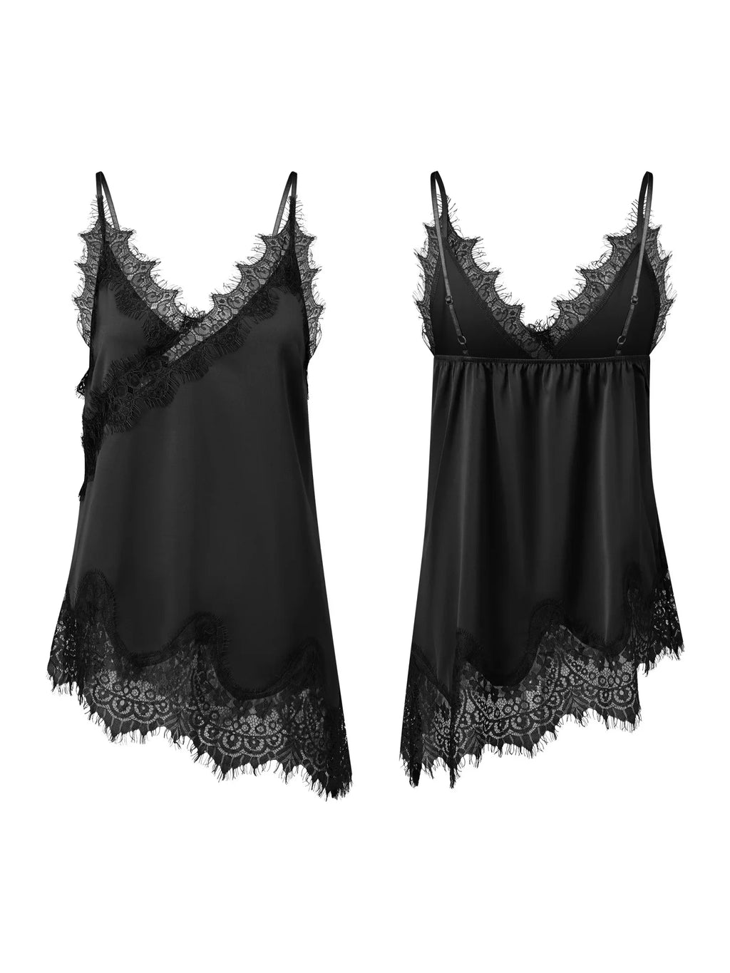 Women Summer Solid Color Lace Trimmed Camisole Fashion Spaghetti Strap Tank Top with Scalloped Hem