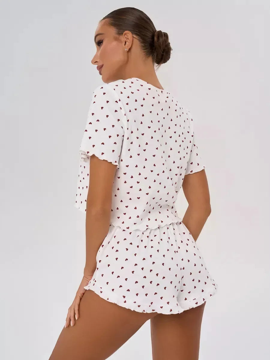Heart Print Casual Round Neck Short Sleeve Shorts Two-piece Set Pajamas Set Women Summer Sleepwear Home Wear