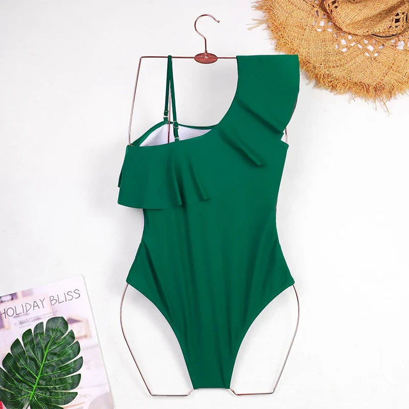 2025 Women's Ruffled One Piece Swimsuit Femme One Shoulder Backless Bathing Suit Sexy Monokini Beachwear Female Bodysuit