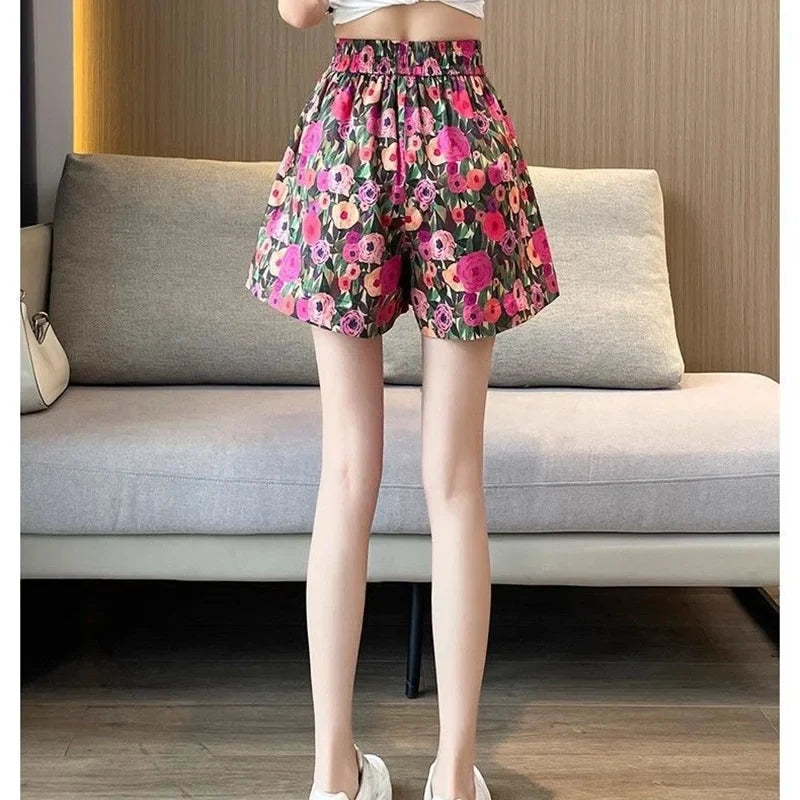 Summer Oil Painting Floral Shorts for Women Casual Wide Leg Shorts Large Siz Loose Floral Print Shorts Elastic Band Casual Pants