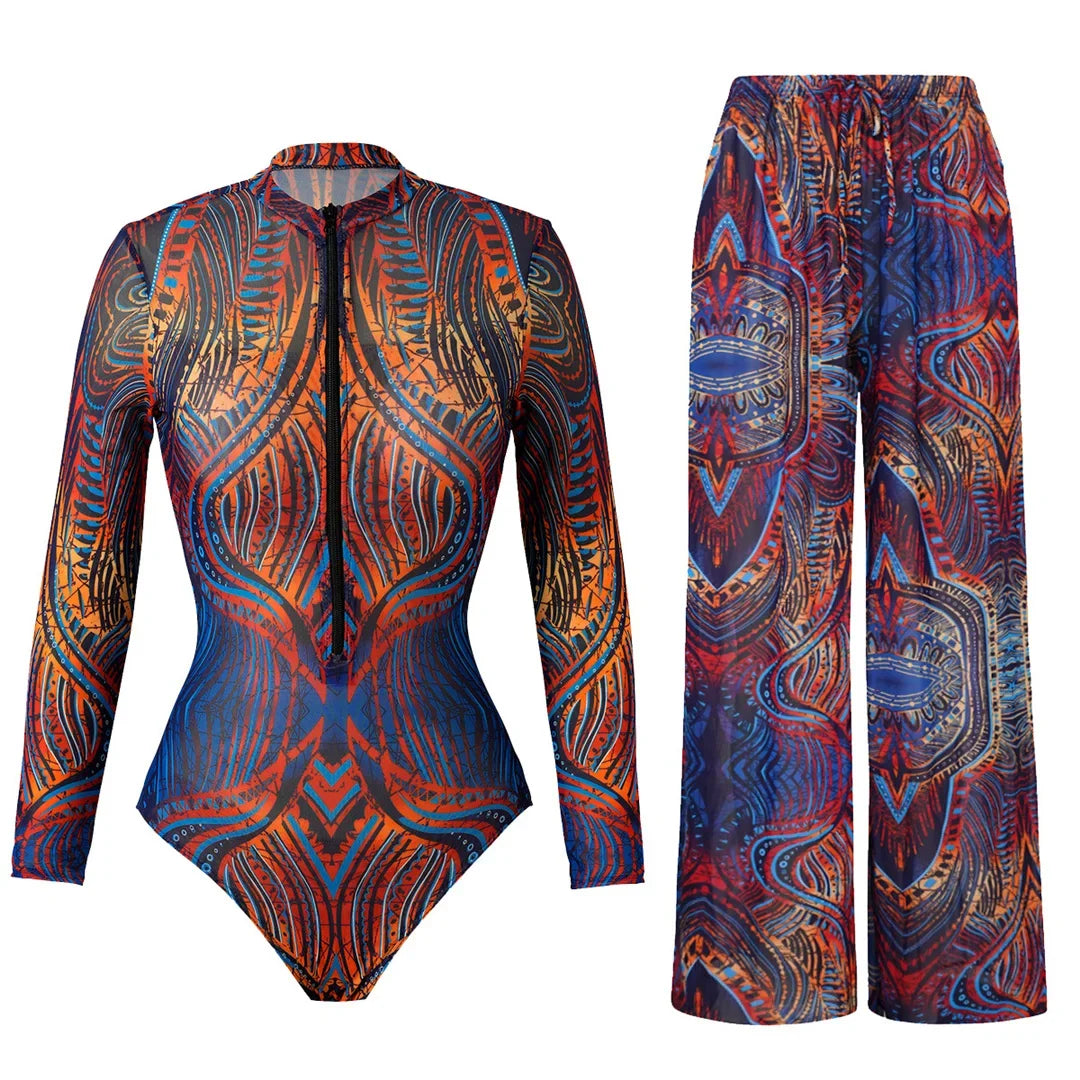 XS - XXL Printed Long Sleeve With Pants Women Swimwear One Piece Swimsuit Female Zipper Padded Bather Bathing Suit Swim V7094