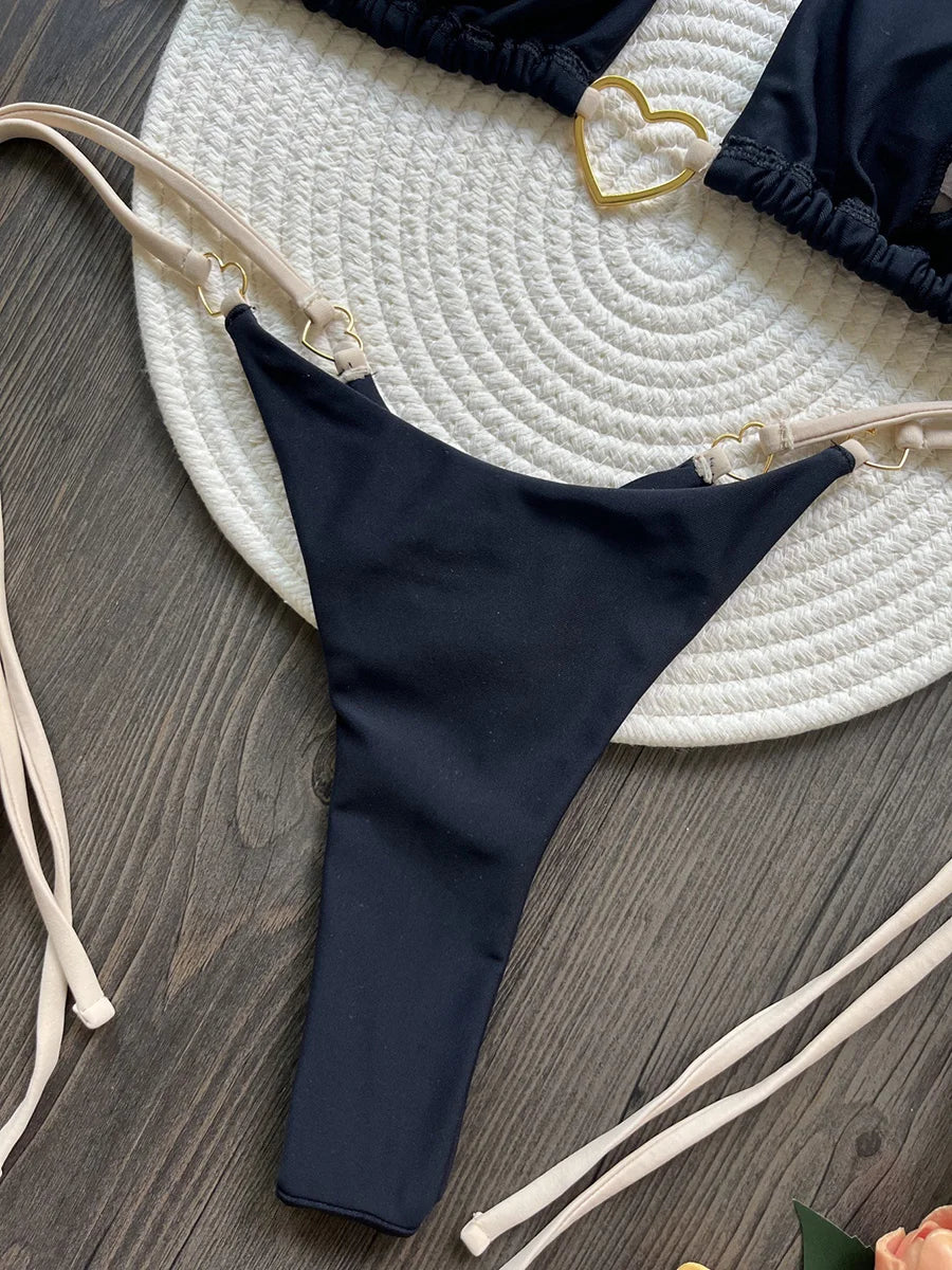 Metal Heart-shaped Halter Mini Micro Thong Bikini Female Swimsuit Women Swimwear Two-pieces Bikini Set Bather Bathing Suit Swim
