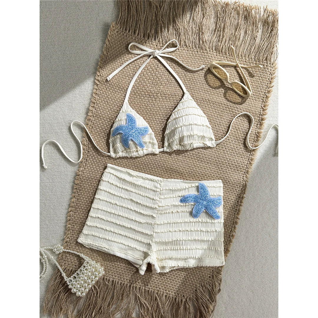 Sequins Starfish Halter High Waist Bikini Female Swimsuit Women Swimwear Two-Pieces Bikini Set Bather Bathing Suit Swim V8215