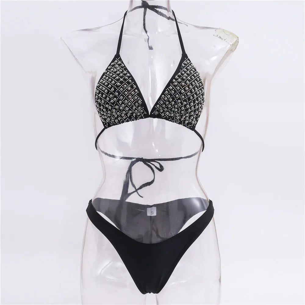 2026 Summer Pearl Decor Women's Swimsuit Shiny Strappy Swimwear Sexy Backless 2 Pieces Suit Femme Lace Up Bathing Suit Beachwear