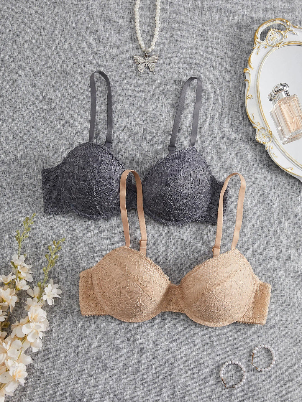 2PCS Floral Lace Push Up Bras for Women Underwire Support Lingerie Underwear Comfort Thin Adjustable Strap Daily Lace Bra Set