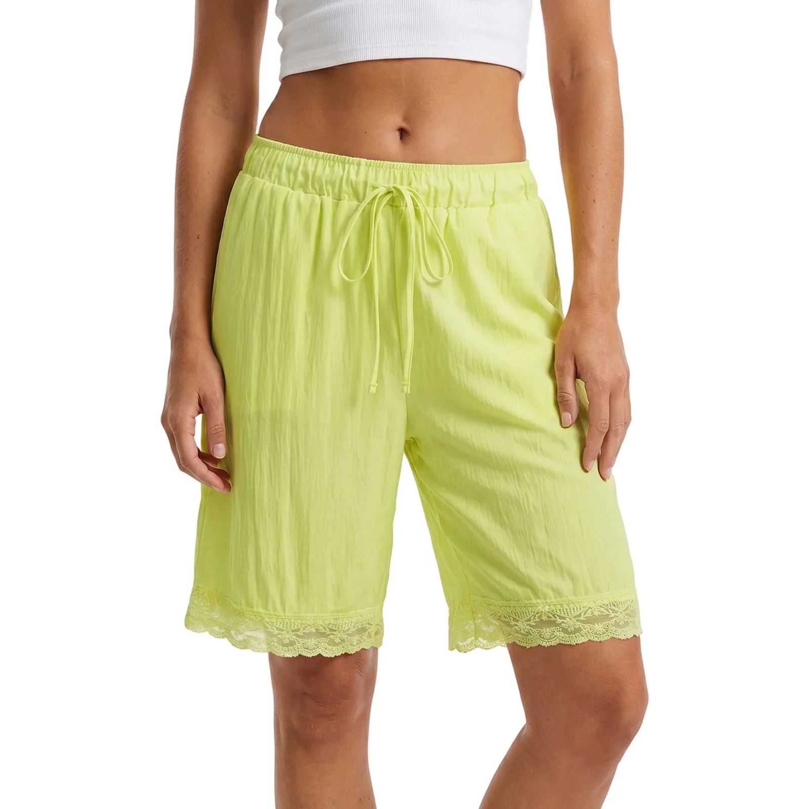 Fashion Women's Loose Shorts Drawstring Elastic Waist Lace Trim Wide Leg Mid Pants Summer Casual Lounge Out Going Shorts