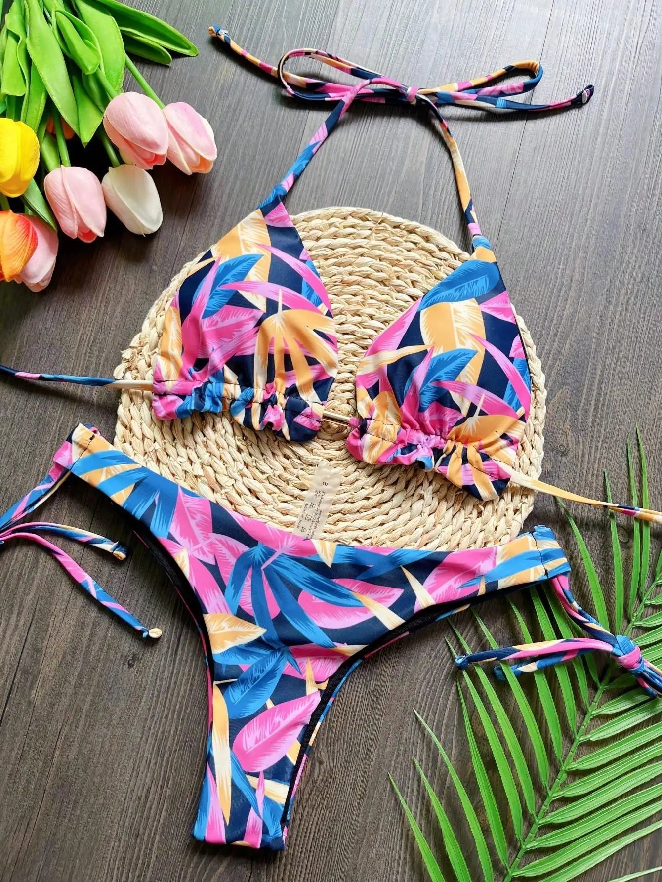 Sexy print women's bikini swimsuit split set with straps and tassels 2-piece set for summer beach swimsuit
