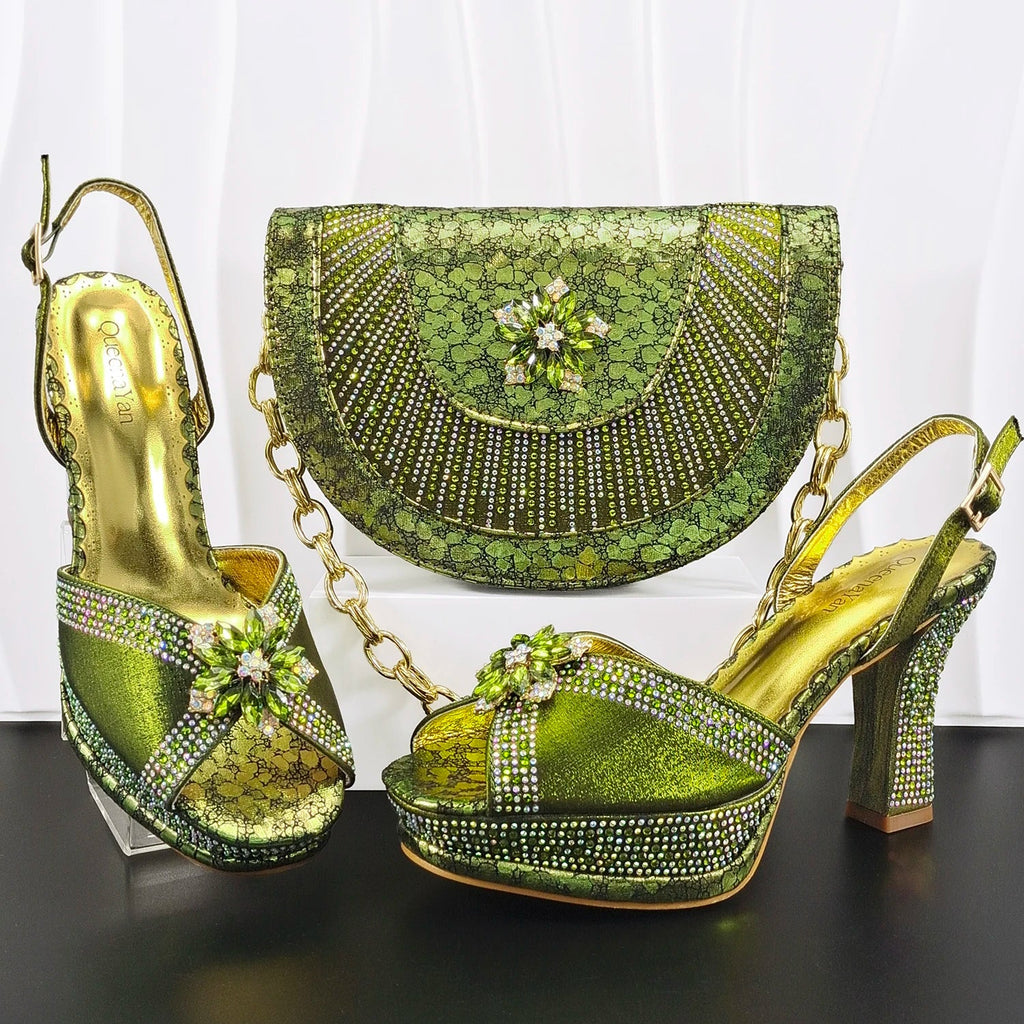 Doershow Italian COFFEE Shoes And Bag Sets For Evening Party With Stones Italian Leather Handbags Match Bags! HM1-1