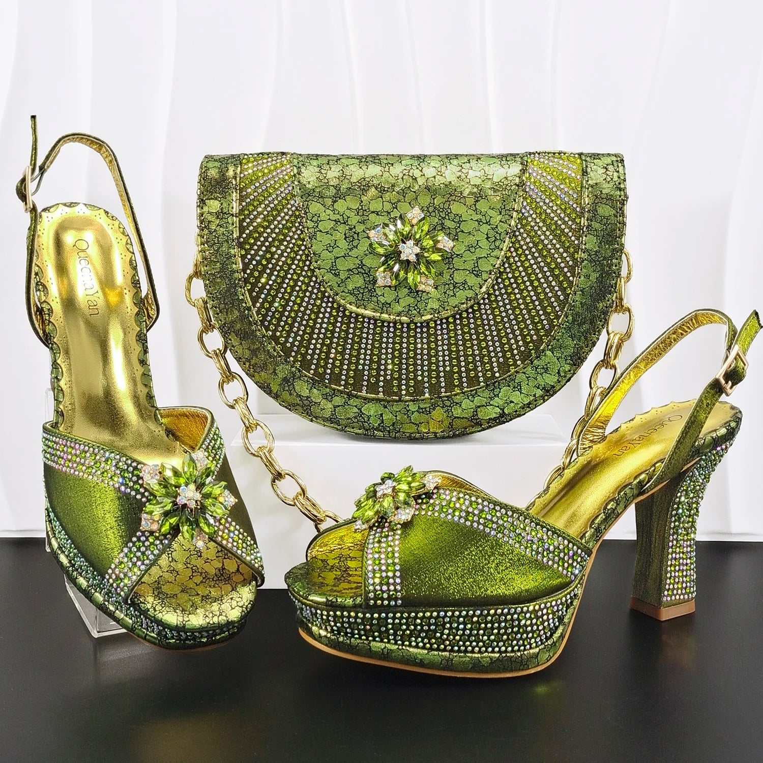 Doershow Italian COFFEE Shoes And Bag Sets For Evening Party With Stones Italian Leather Handbags Match Bags! HM1-1